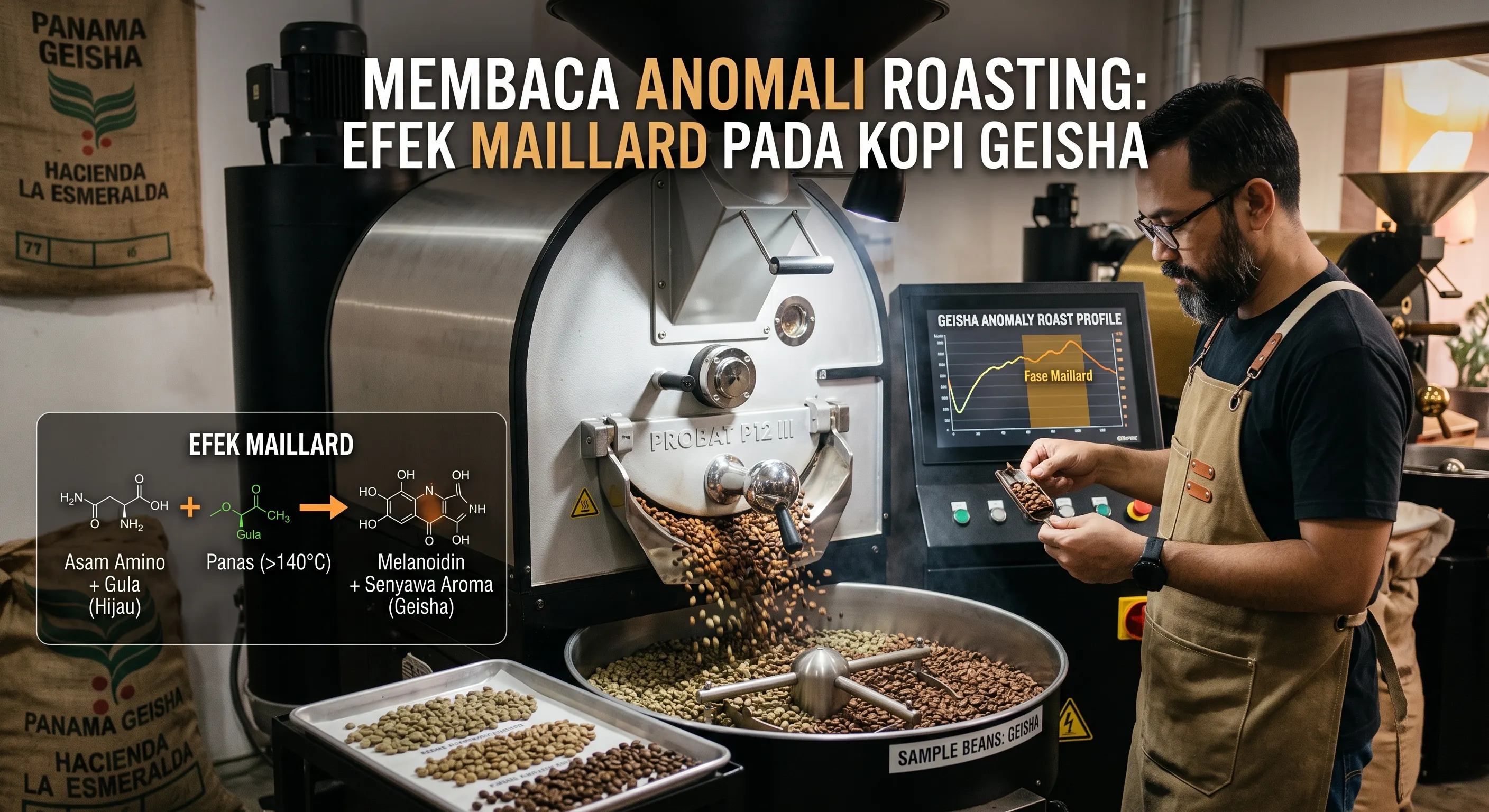 Sebuah gambar edukatif yang menampilkan seorang roaster kopi pria berkacamata dan memakai apron sedang mengamati biji kopi yang keluar dari mesin sangrai besar bermerek Probat. Di bagian atas gambar terdapat teks judul besar berbunyi "MEMBACA ANOMALI ROASTING: EFEK MAILLARD PADA KOPI GEISHA". Di sudut kiri bawah, terdapat overlay infografis rumus kimia berjudul "EFEK MAILLARD" yang menjelaskan bahwa Asam Amino ditambah Gula dari biji hijau yang dipanaskan (>140°C) akan menghasilkan Melanoidin dan Senyawa Aroma khas Geisha. Di sebelah kanan roaster, terdapat layar monitor yang menampilkan kurva grafik "Geisha Anomaly Roast Profile" dengan area berwarna oranye yang menyoroti "Fase Maillard". Di latar depan dan belakang, terlihat karung goni bertuliskan "Panama Geisha Hacienda La Esmeralda" dan sebuah nampan berisi beberapa sampel tahapan warna biji kopi yang disangrai (Sample Beans: Geisha).